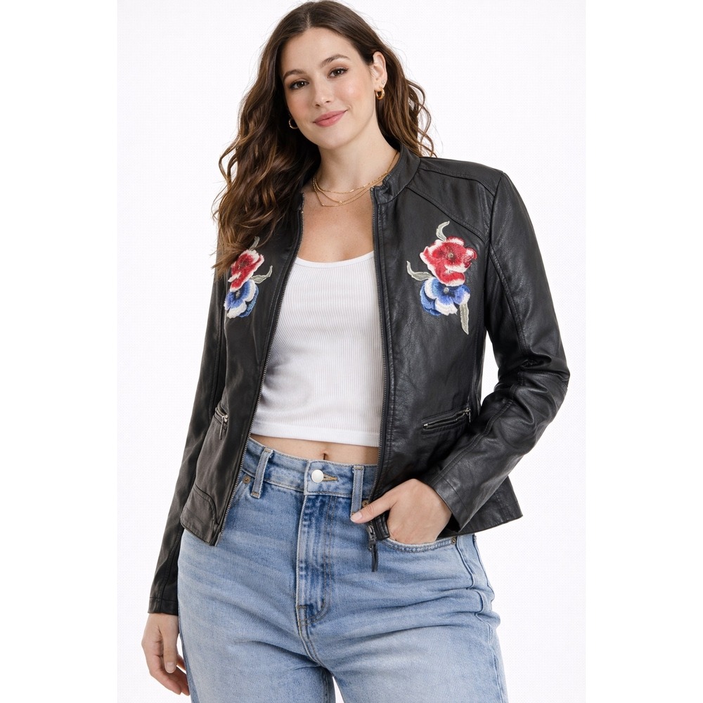Maurices Moto Jacket Women Size 2 Black Faux‎ Leather Floral Embroidered Biker